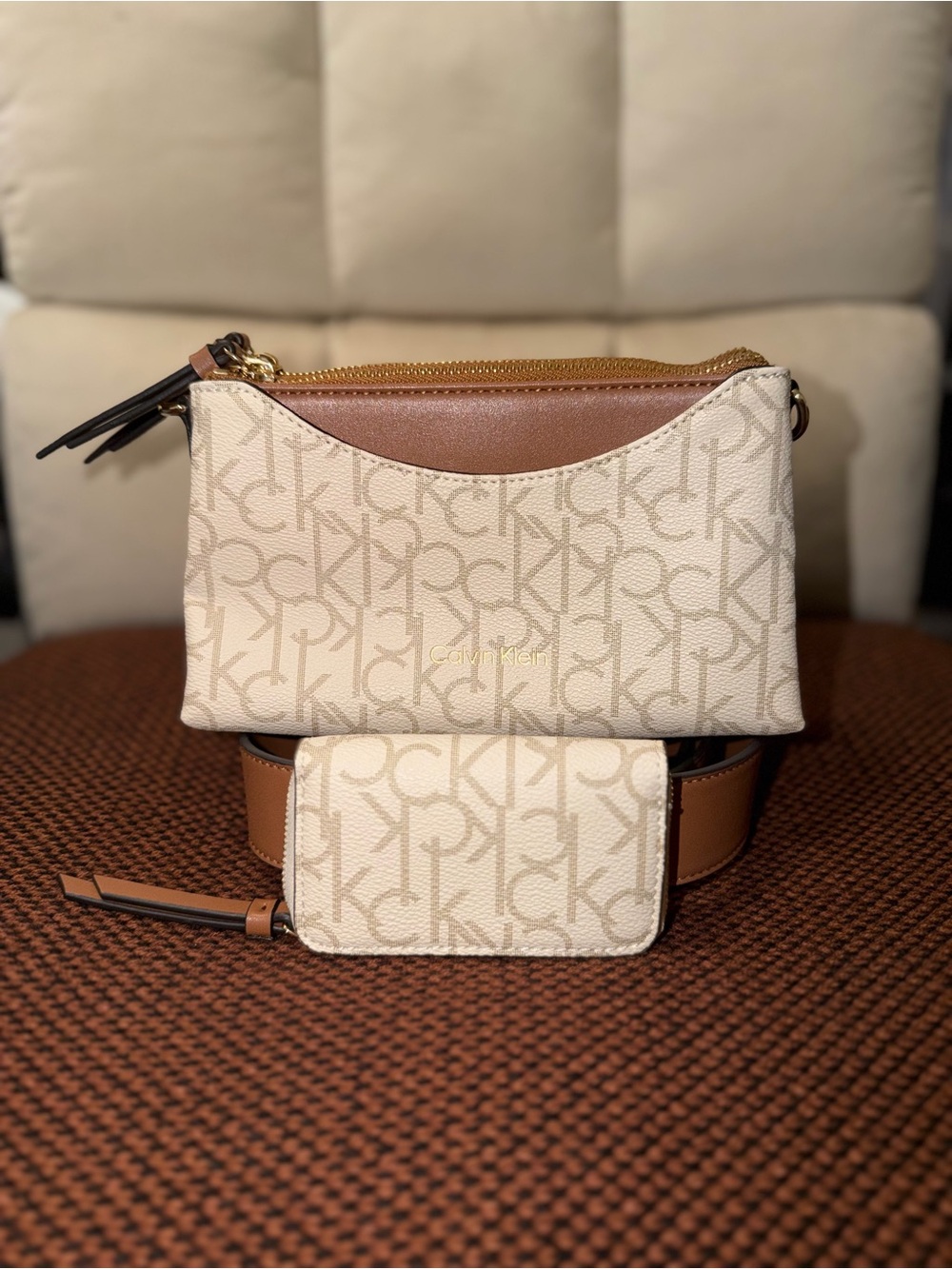 Calvin Klein Cream & Brown Signature Mini Crossbody with Card Case